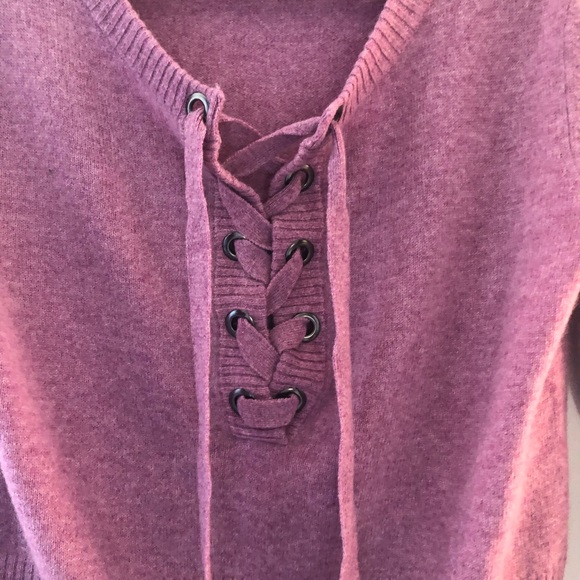 Qi Cashmere Sweater Lace Up Front 100% Cashmere Berry Mousse (Purple-Pink) M EUC - Picture 8 of 14